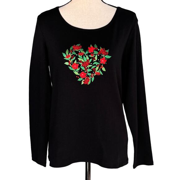 Karen Scott Medium Top Holiday Poinsettia Heart Festive Christmas Long Sleeve - Picture 1 of 8